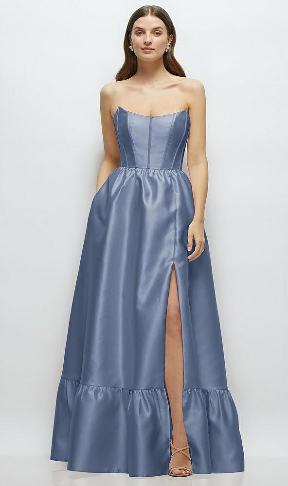 strapless cat-eye boned bodice maxi dress with ruffle hem