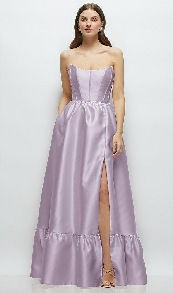 strapless cat-eye boned bodice maxi dress with ruffle hem