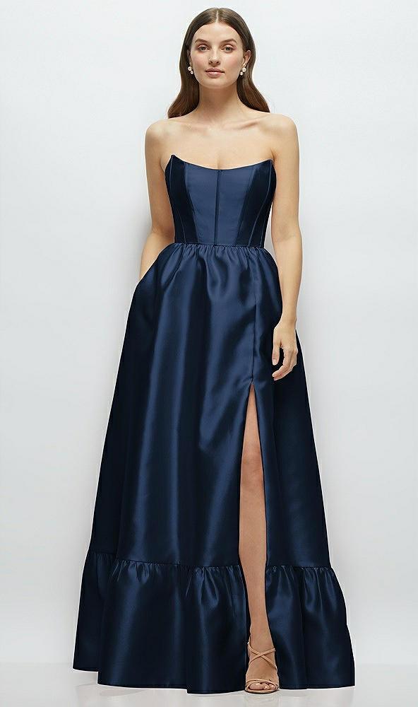 strapless cat-eye boned bodice maxi dress with ruffle hem