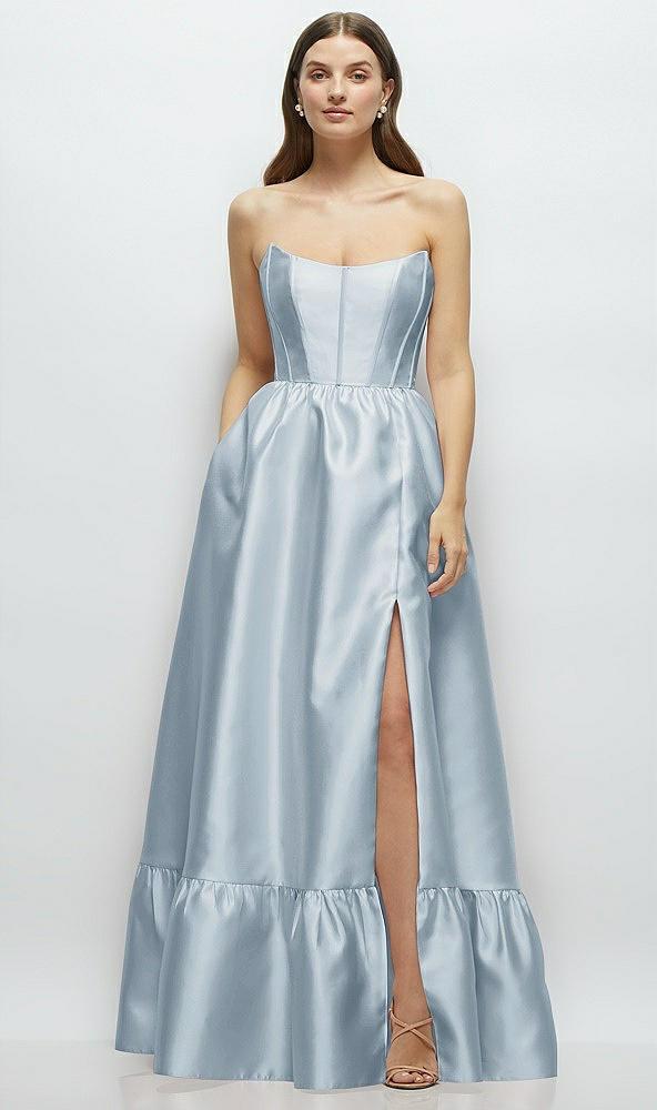 strapless cat-eye boned bodice maxi dress with ruffle hem