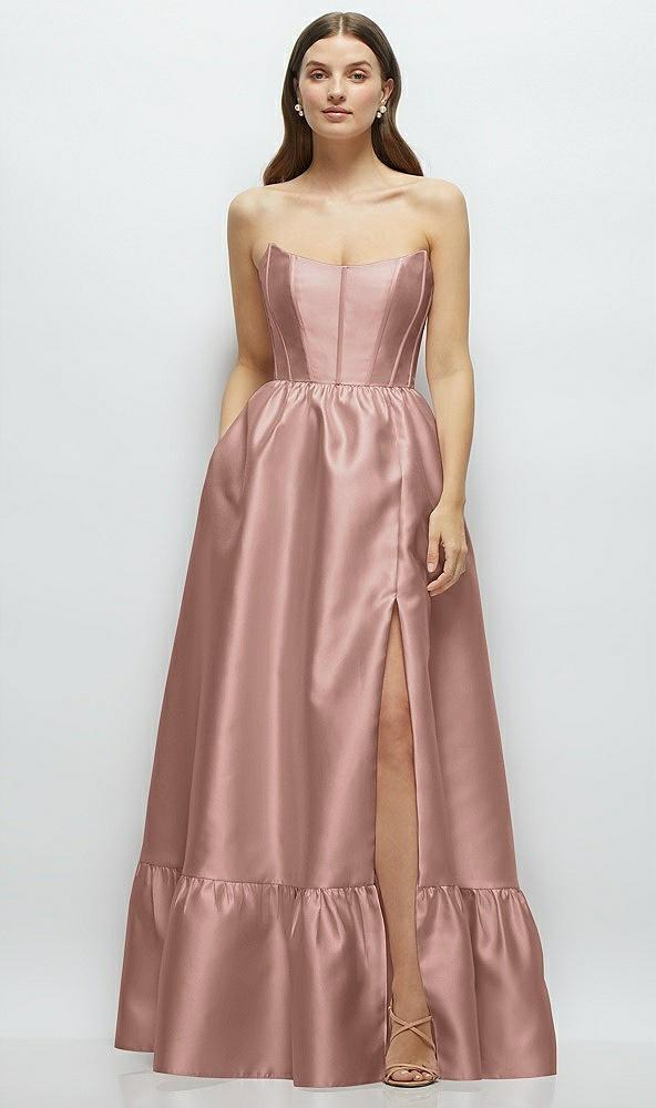 strapless cat-eye boned bodice maxi dress with ruffle hem