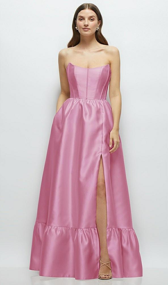 strapless cat-eye boned bodice maxi dress with ruffle hem