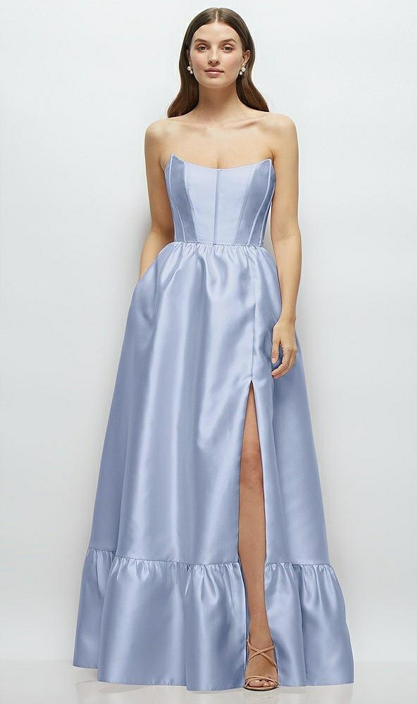strapless cat-eye boned bodice maxi dress with ruffle hem