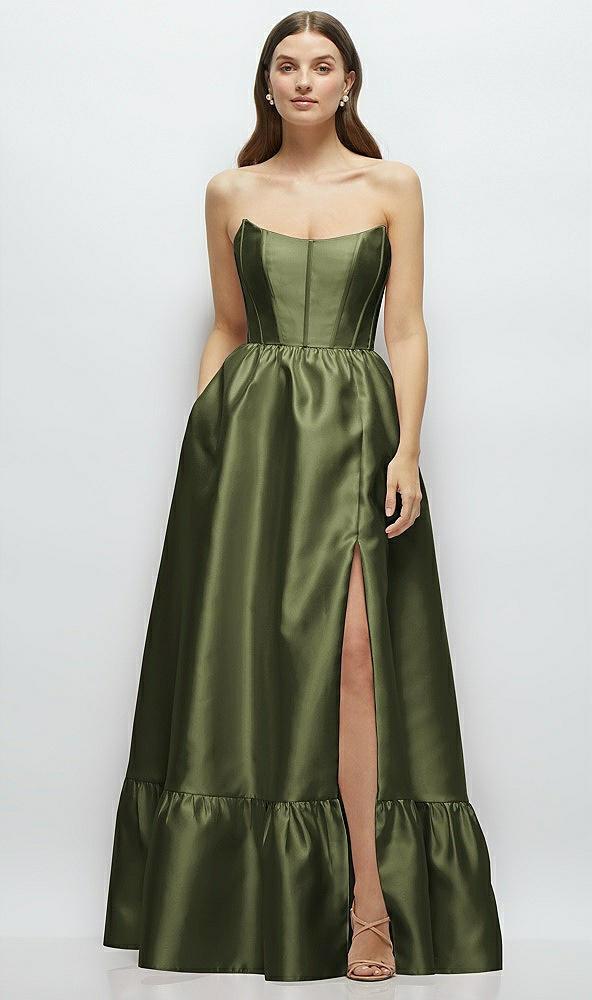 strapless cat-eye boned bodice maxi dress with ruffle hem