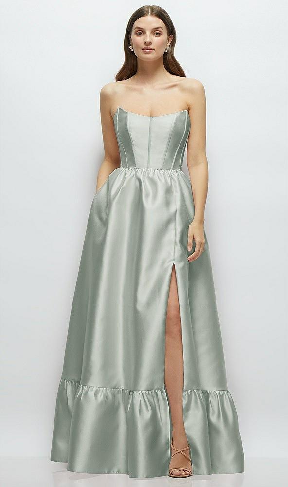 strapless cat-eye boned bodice maxi dress with ruffle hem