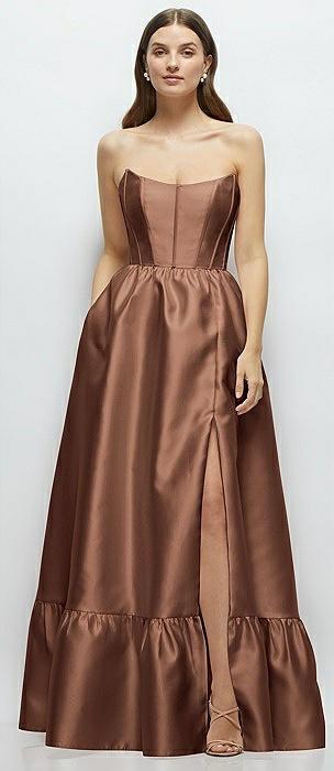 strapless cat-eye boned bodice maxi dress with ruffle hem
