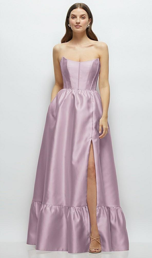 strapless cat-eye boned bodice maxi dress with ruffle hem
