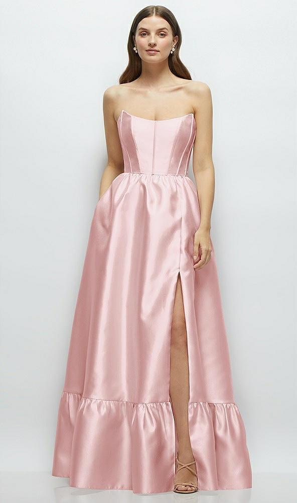 strapless cat-eye boned bodice maxi dress with ruffle hem