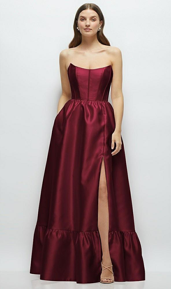 strapless cat-eye boned bodice maxi dress with ruffle hem