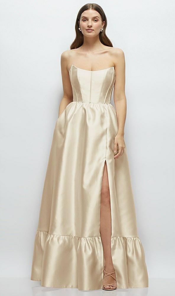 strapless cat-eye boned bodice maxi dress with ruffle hem