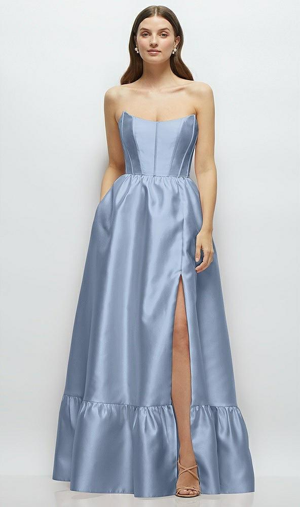 strapless cat-eye boned bodice maxi dress with ruffle hem
