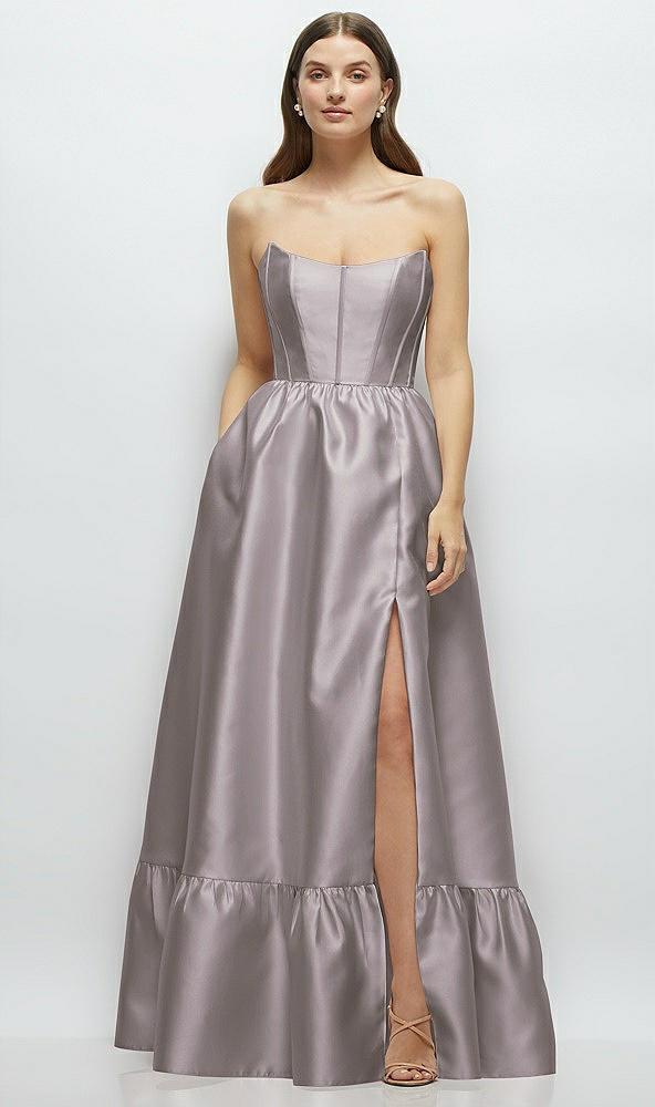 strapless cat-eye boned bodice maxi dress with ruffle hem