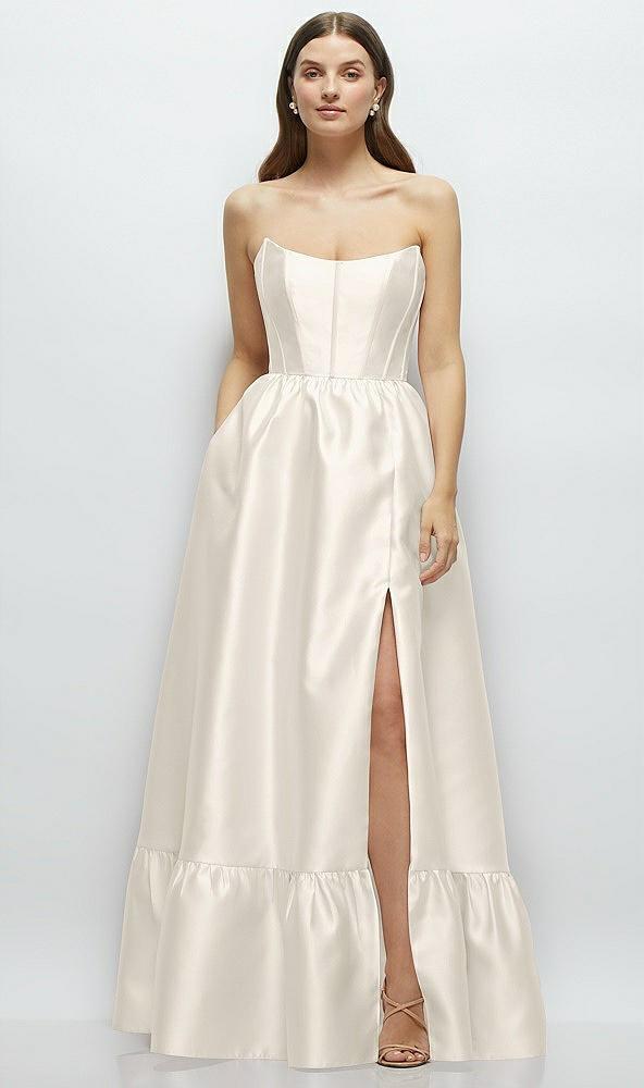strapless cat-eye boned bodice maxi dress with ruffle hem