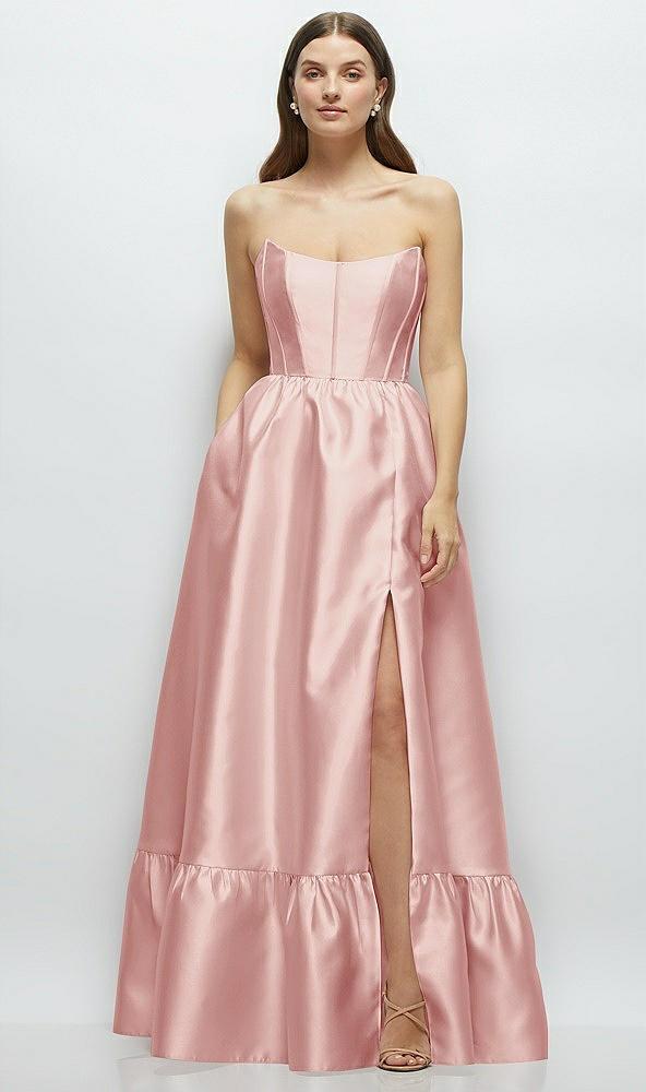 strapless cat-eye boned bodice maxi dress with ruffle hem