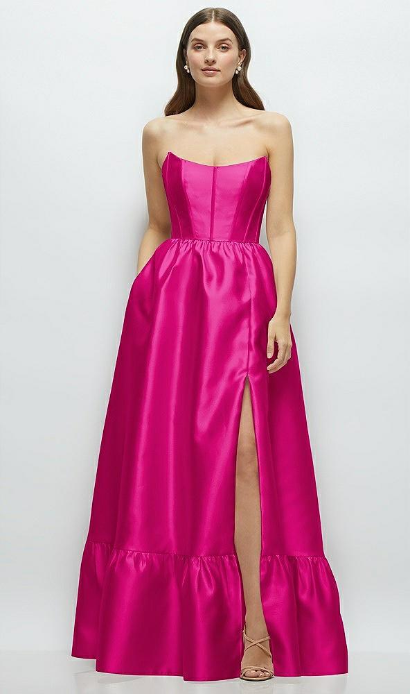 strapless cat-eye boned bodice maxi dress with ruffle hem