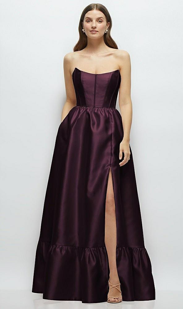 strapless cat-eye boned bodice maxi dress with ruffle hem