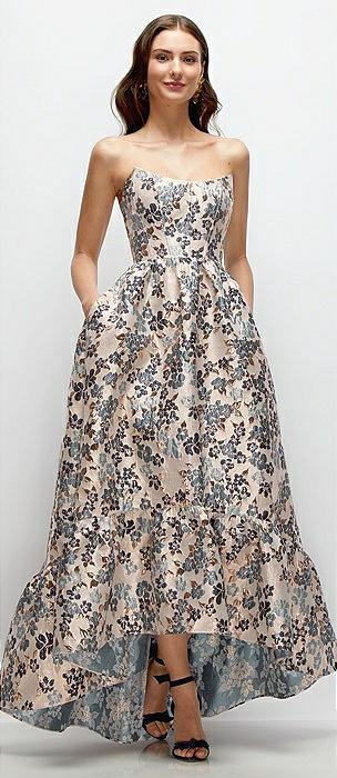 strapless cat-eye corset gilt indigo brocade floral high-low dress with ruffle hem