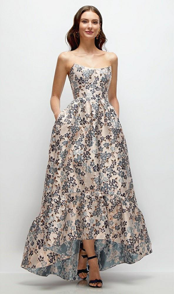 strapless cat-eye corset gilt indigo brocade floral high-low dress with ruffle hem