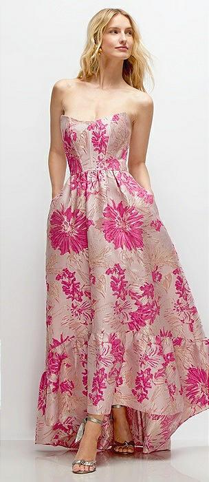 strapless cat-eye corset hibiscus pink floral jacquard high-low dress with ruffle hem