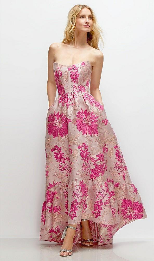 strapless cat-eye corset hibiscus pink floral jacquard high-low dress with ruffle hem