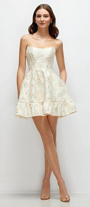 strapless cat-eye corset ivory gold gilt rosette brocade mini dress with ruffle hem