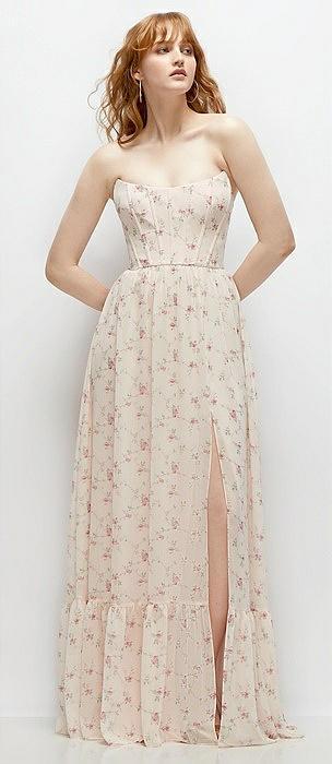 strapless cat-eye corset maxi dress with ruffle hem a-line skirt