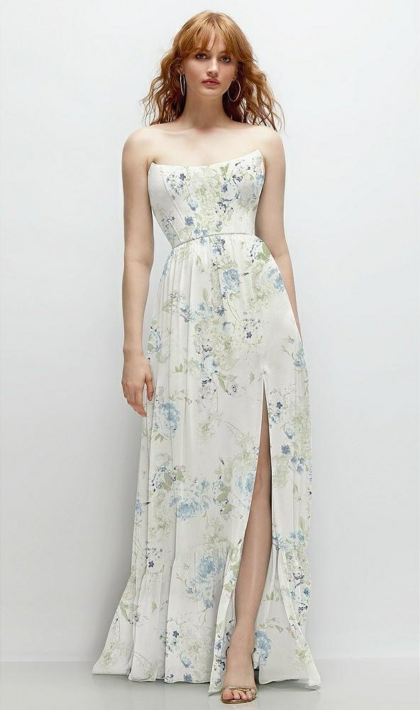 strapless cat-eye corset maxi dress with ruffle hem a-line skirt