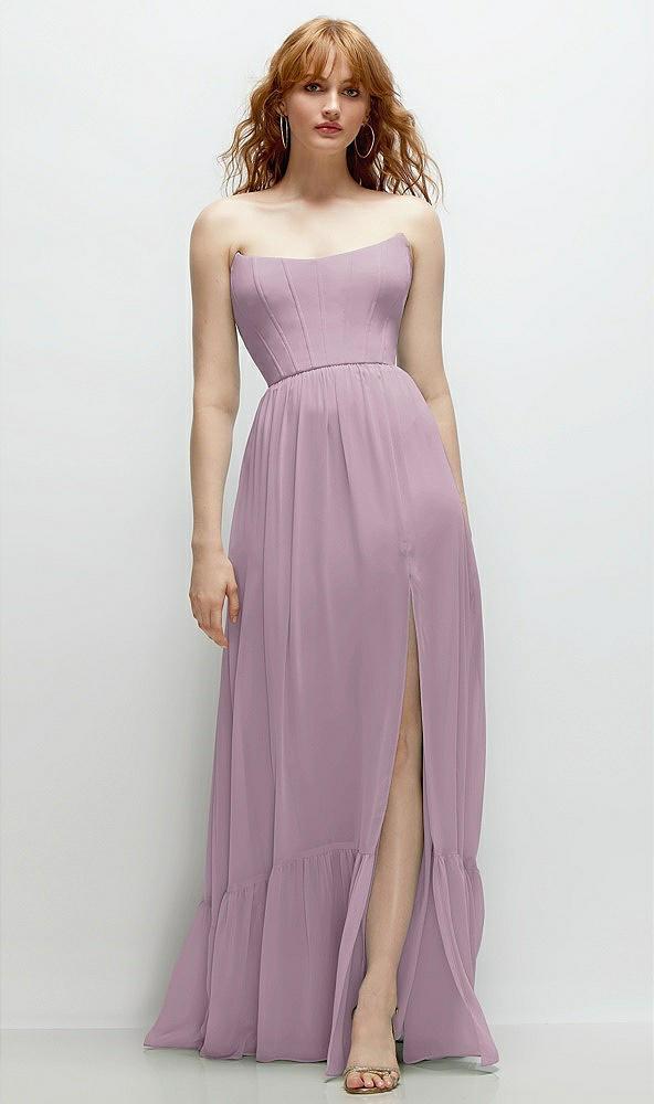 strapless cat-eye corset maxi dress with ruffle hem a-line skirt
