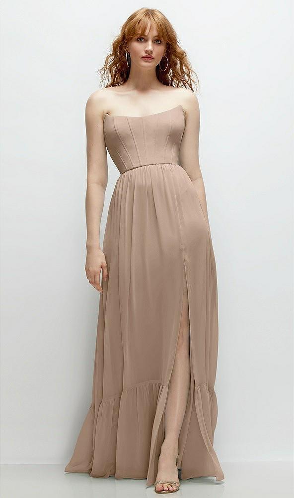 strapless cat-eye corset maxi dress with ruffle hem a-line skirt