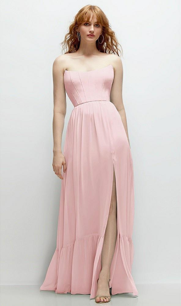 strapless cat-eye corset maxi dress with ruffle hem a-line skirt