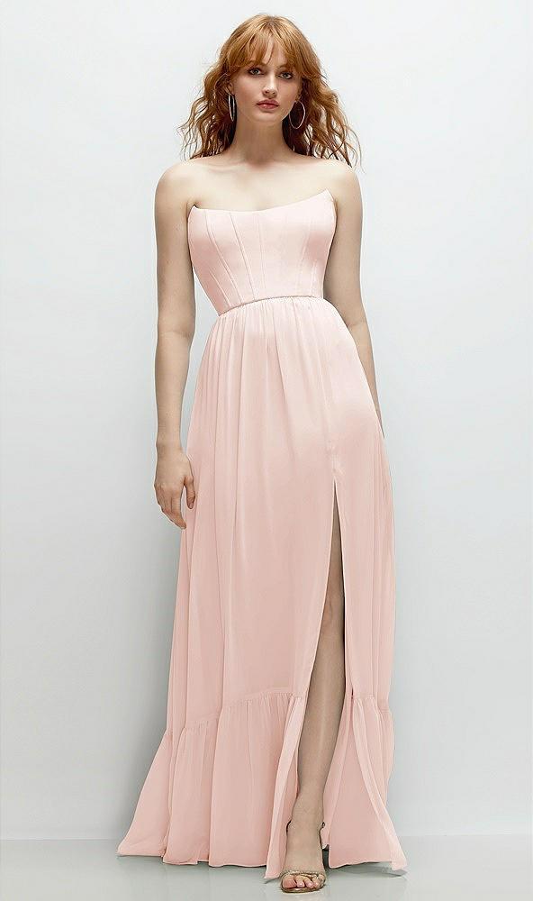 strapless cat-eye corset maxi dress with ruffle hem a-line skirt