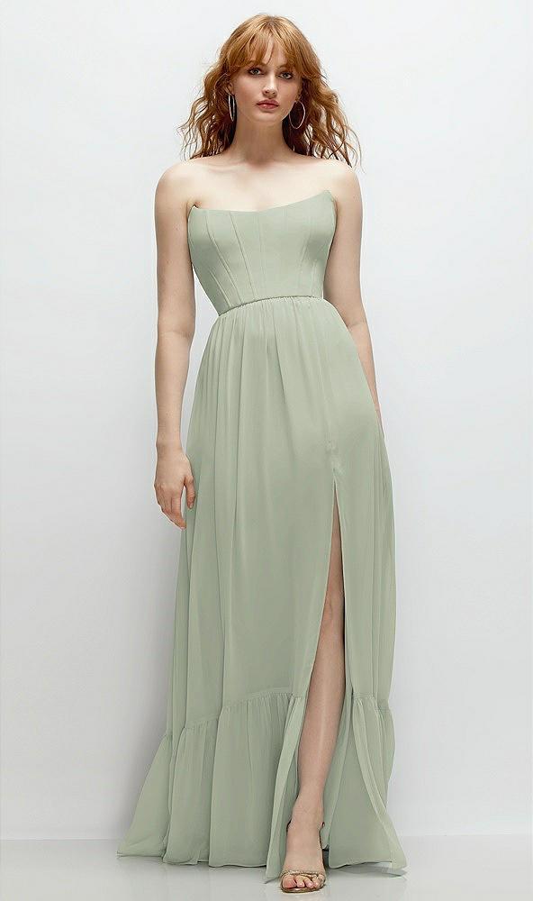 strapless cat-eye corset maxi dress with ruffle hem a-line skirt