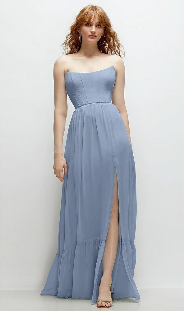 strapless cat-eye corset maxi dress with ruffle hem a-line skirt