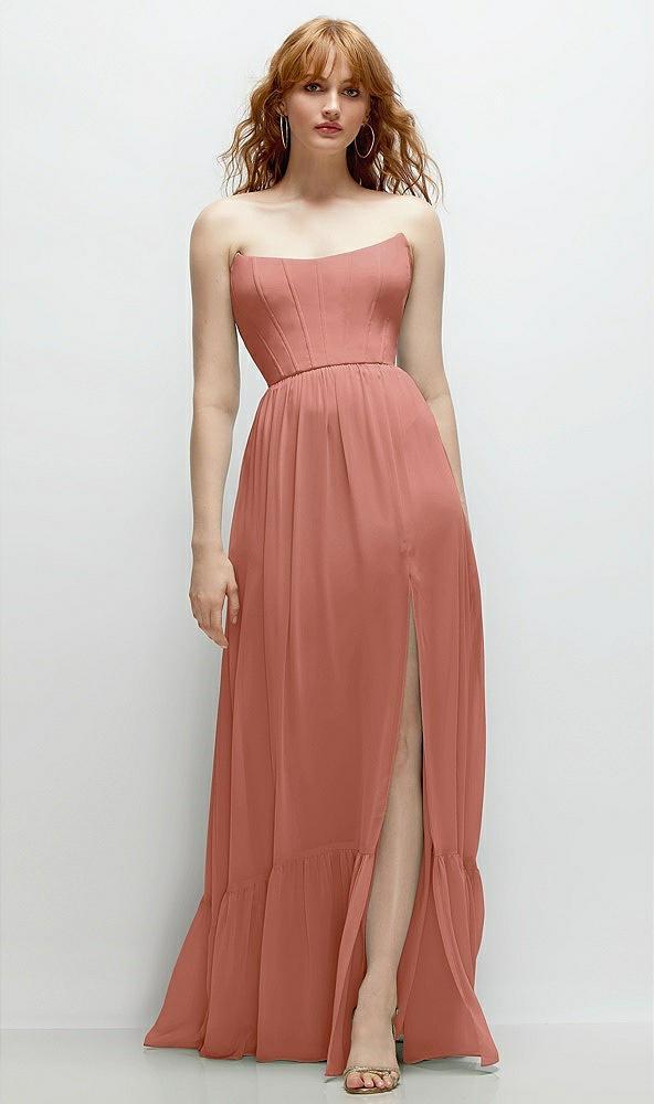 strapless cat-eye corset maxi dress with ruffle hem a-line skirt