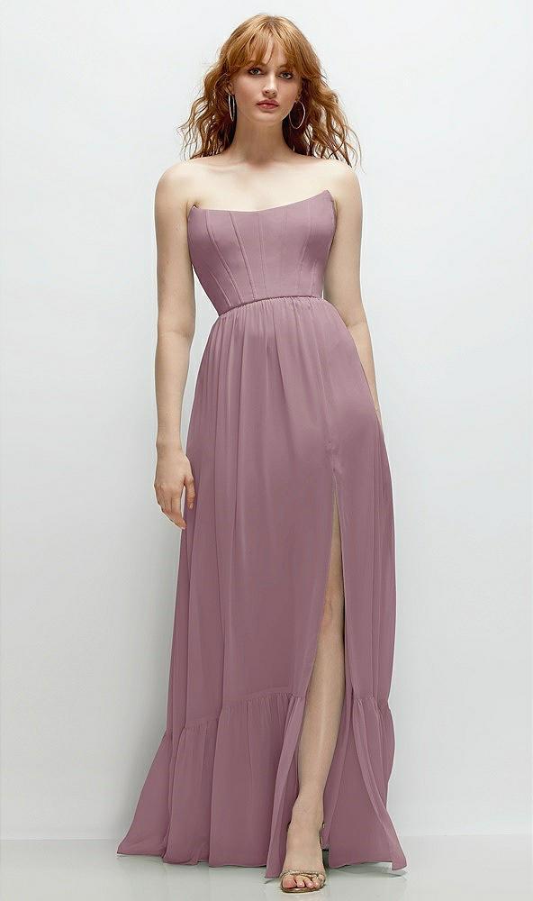 strapless cat-eye corset maxi dress with ruffle hem a-line skirt