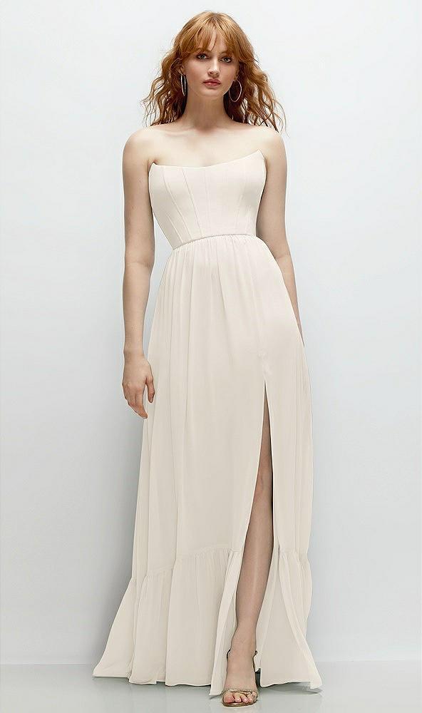 strapless cat-eye corset maxi dress with ruffle hem a-line skirt
