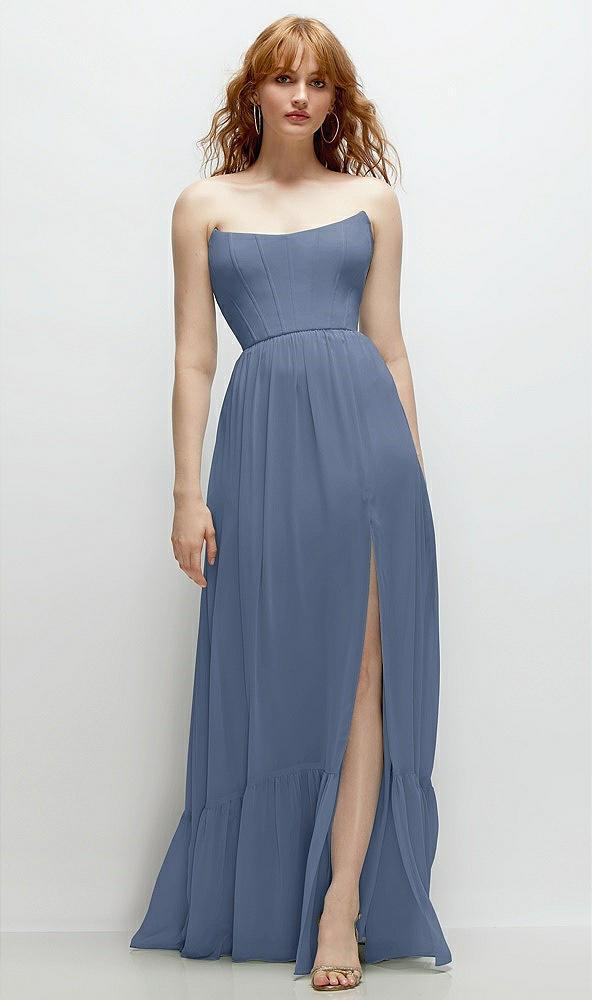 strapless cat-eye corset maxi dress with ruffle hem a-line skirt