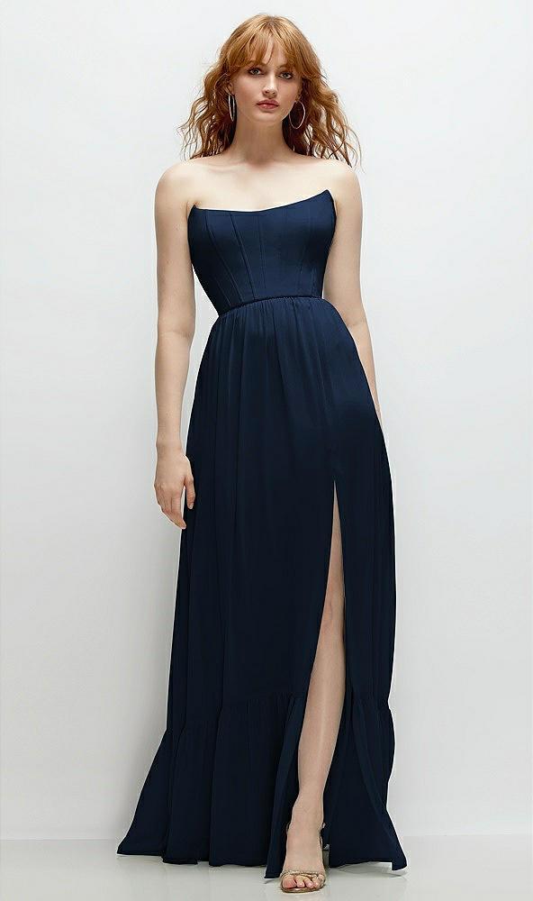 strapless cat-eye corset maxi dress with ruffle hem a-line skirt