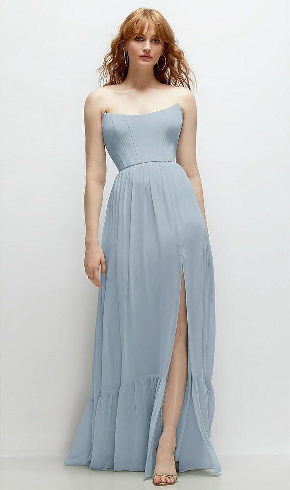 strapless cat-eye corset maxi dress with ruffle hem a-line skirt