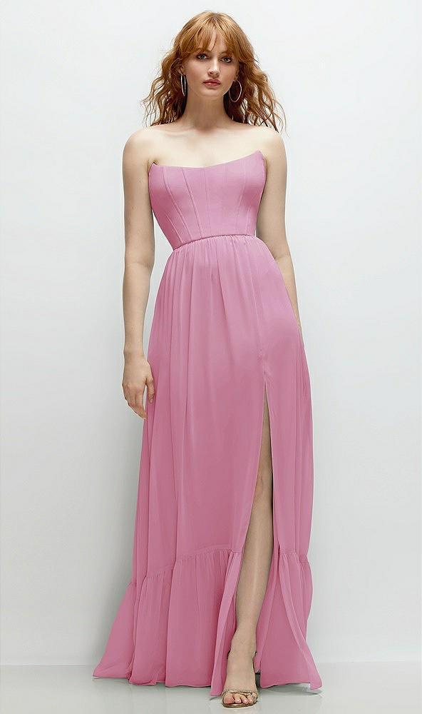 strapless cat-eye corset maxi dress with ruffle hem a-line skirt