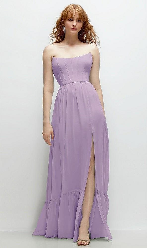 strapless cat-eye corset maxi dress with ruffle hem a-line skirt
