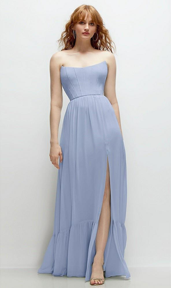 strapless cat-eye corset maxi dress with ruffle hem a-line skirt