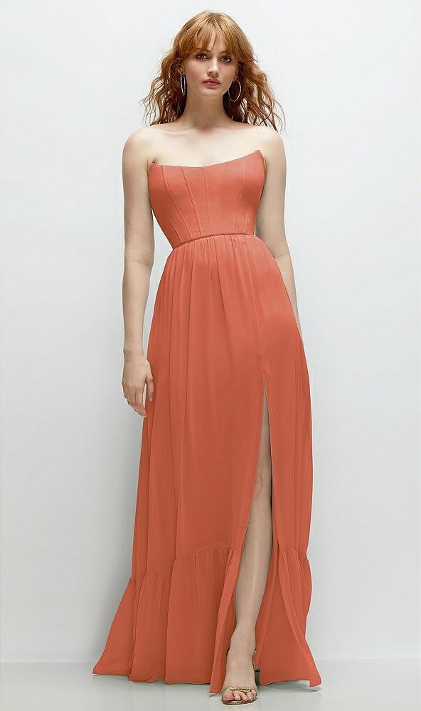 strapless cat-eye corset maxi dress with ruffle hem a-line skirt