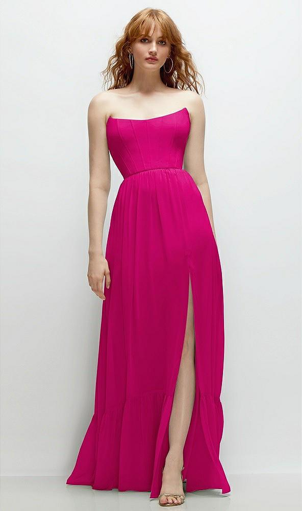 strapless cat-eye corset maxi dress with ruffle hem a-line skirt