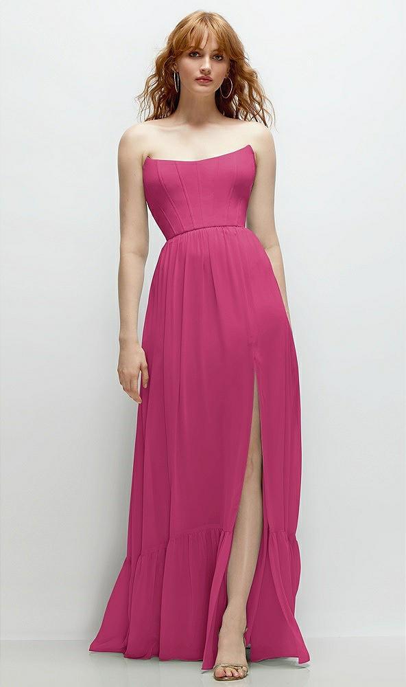 strapless cat-eye corset maxi dress with ruffle hem a-line skirt