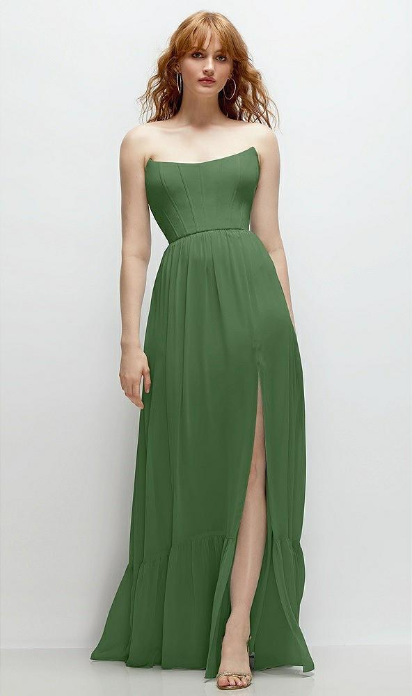 strapless cat-eye corset maxi dress with ruffle hem a-line skirt