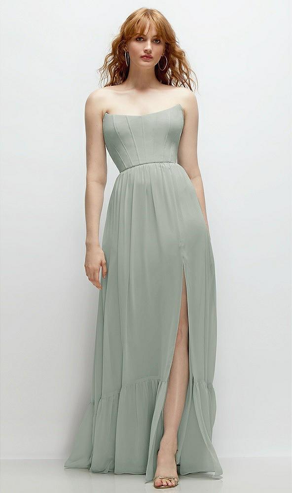 strapless cat-eye corset maxi dress with ruffle hem a-line skirt