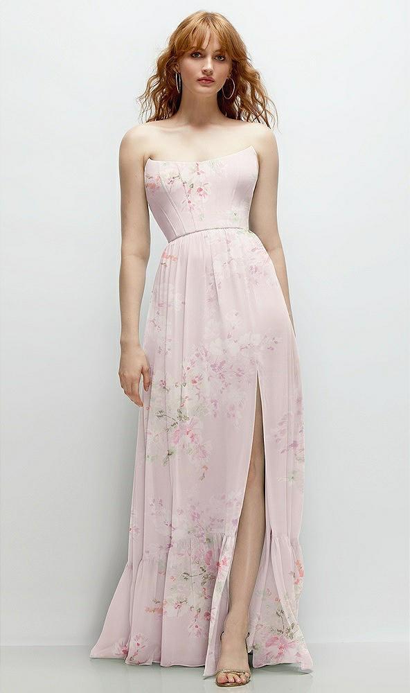 strapless cat-eye corset maxi dress with ruffle hem a-line skirt