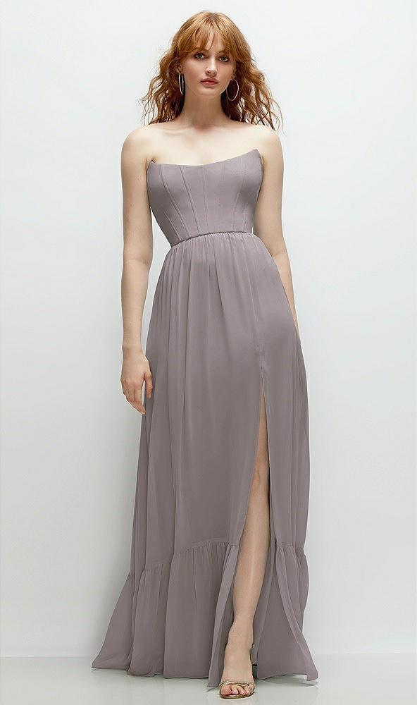 strapless cat-eye corset maxi dress with ruffle hem a-line skirt
