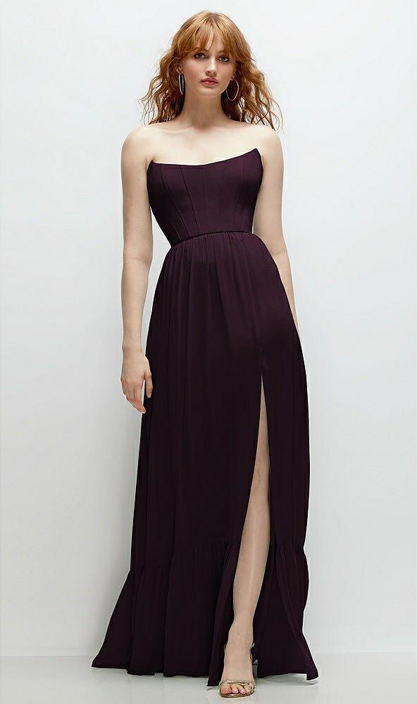 strapless cat-eye corset maxi dress with ruffle hem a-line skirt